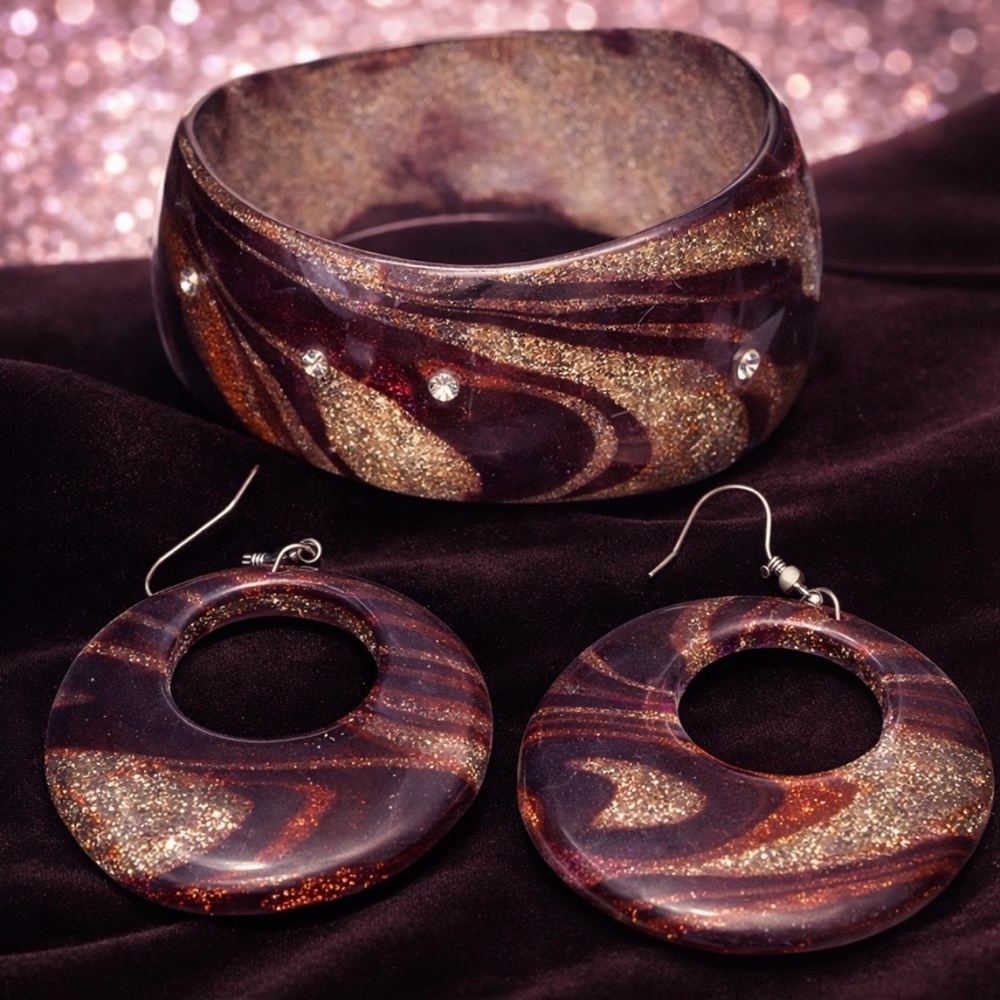 Statement Resin Set Wide Cuff Bracelet & Hoop Earrings Plum Copper Glitter